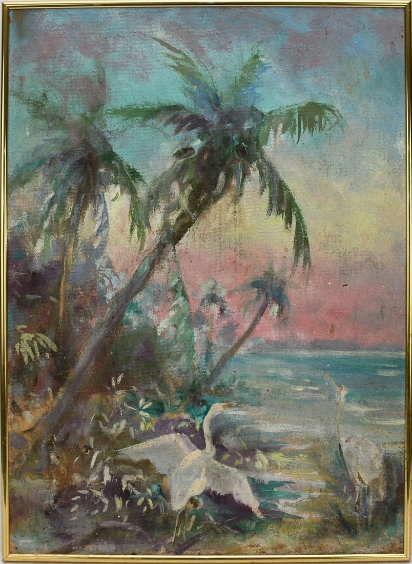 Catherine Haynes Stockwell (Florida, 1895 - 1983) Florida Landscape, palm trees and birds on the (1 of 6)
