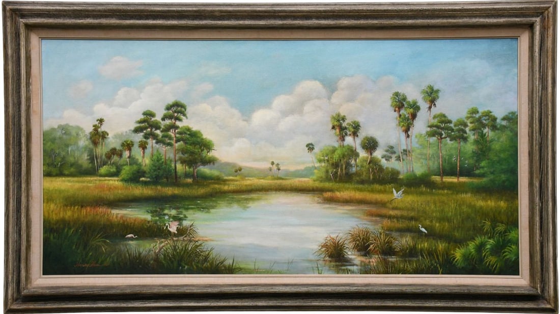 Henry Hau (1905-1990) Large oil on canvas, Extensive Florida Everglade scene- Palm tree's, Blue sky: Henry Hau (1905-1990) Large oil on canvas, Extensive Florida Everglade scene- Palm tree's, Blue sky with billowing clouds signed lower left. Dated '78.