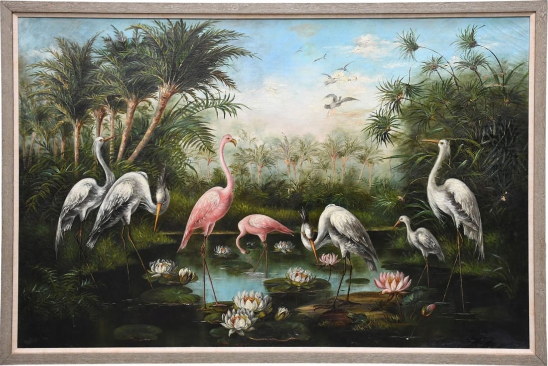Antique Florida Landscape Pink flamingos white egrets by the water, tropical foliage and water (1 of 10)