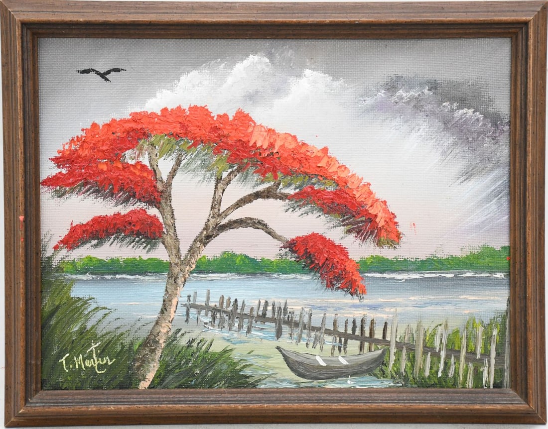 TODD MARTIN FLORIDA ARTIST POINCIANA by river, Florida Legacy Artist Painting. Oil on Masonite - (1 of 5)