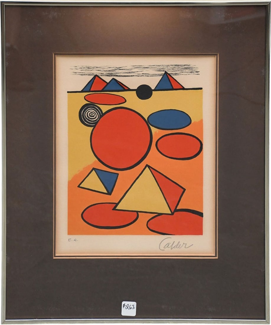 Alexander Calder (American 1898-1976) Color lithograph "Homage to the Pyramid'' Pencil Signed Lower: Alexander Calder (American 1898-1976) Color lithograph "Homage to the Pyramid'' Pencil Signed Lower Right & Marked E.A. Lower Left. Very Good Condition some toning. sight size 14 x 11 inches, overall 