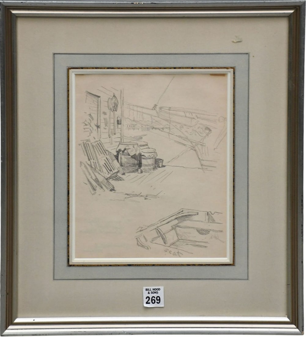 Edward Potthaut American 1857-1927 Dock scene boat and tackle shop 16 1/2 x 15 framed without 9 x 7 (1 of 10)