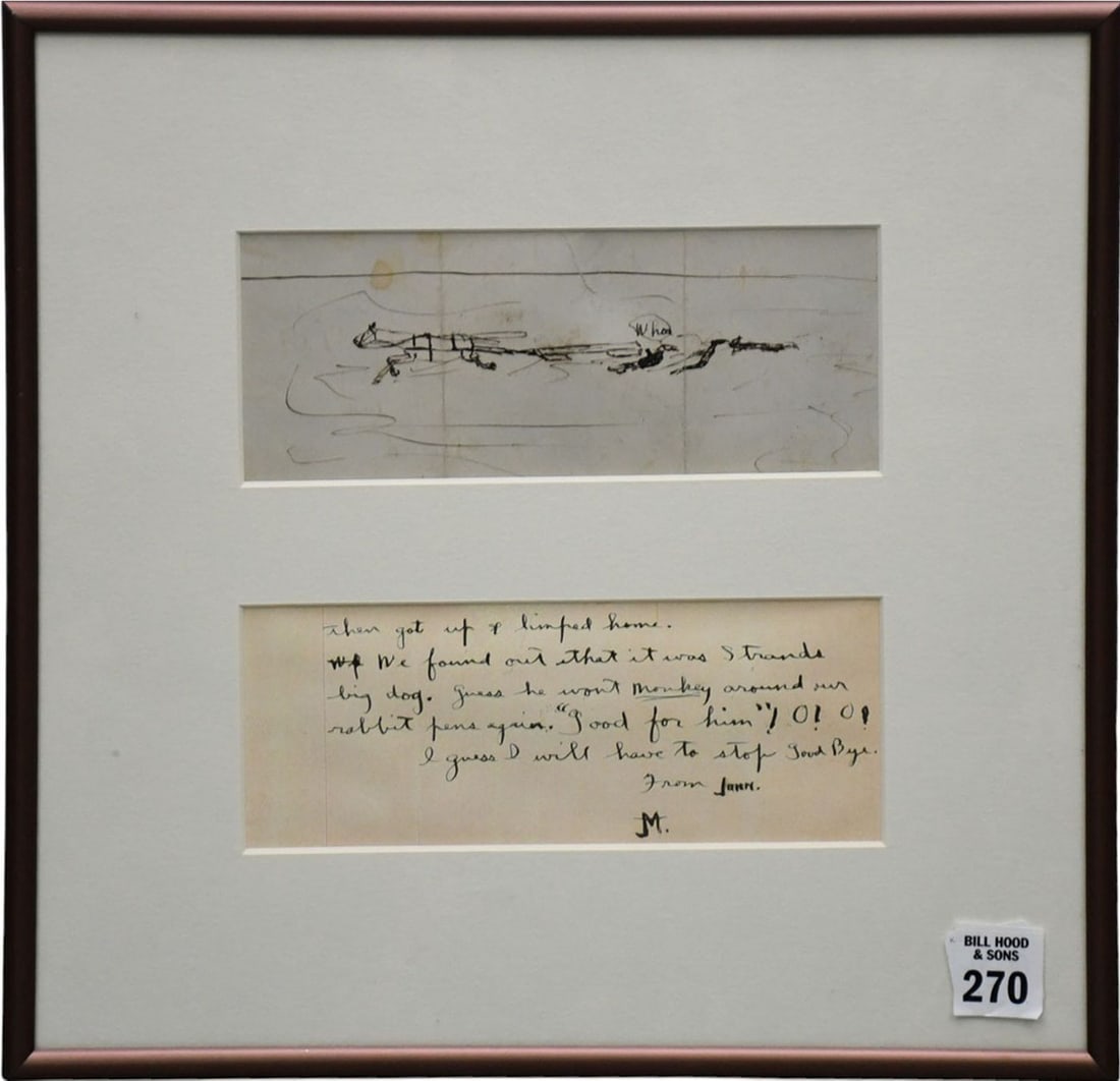 John Marin (Am. 1870-1953) Western sm. Pen/ink sketch with note. Horse with cart and people falling: John Marin (Am. 1870-1953) Western sm. Pen/ink sketch with note. Horse with cart and people falling off. Sheet size 3-1/2 x 7-3/4 framed is 13 x 13 inches.