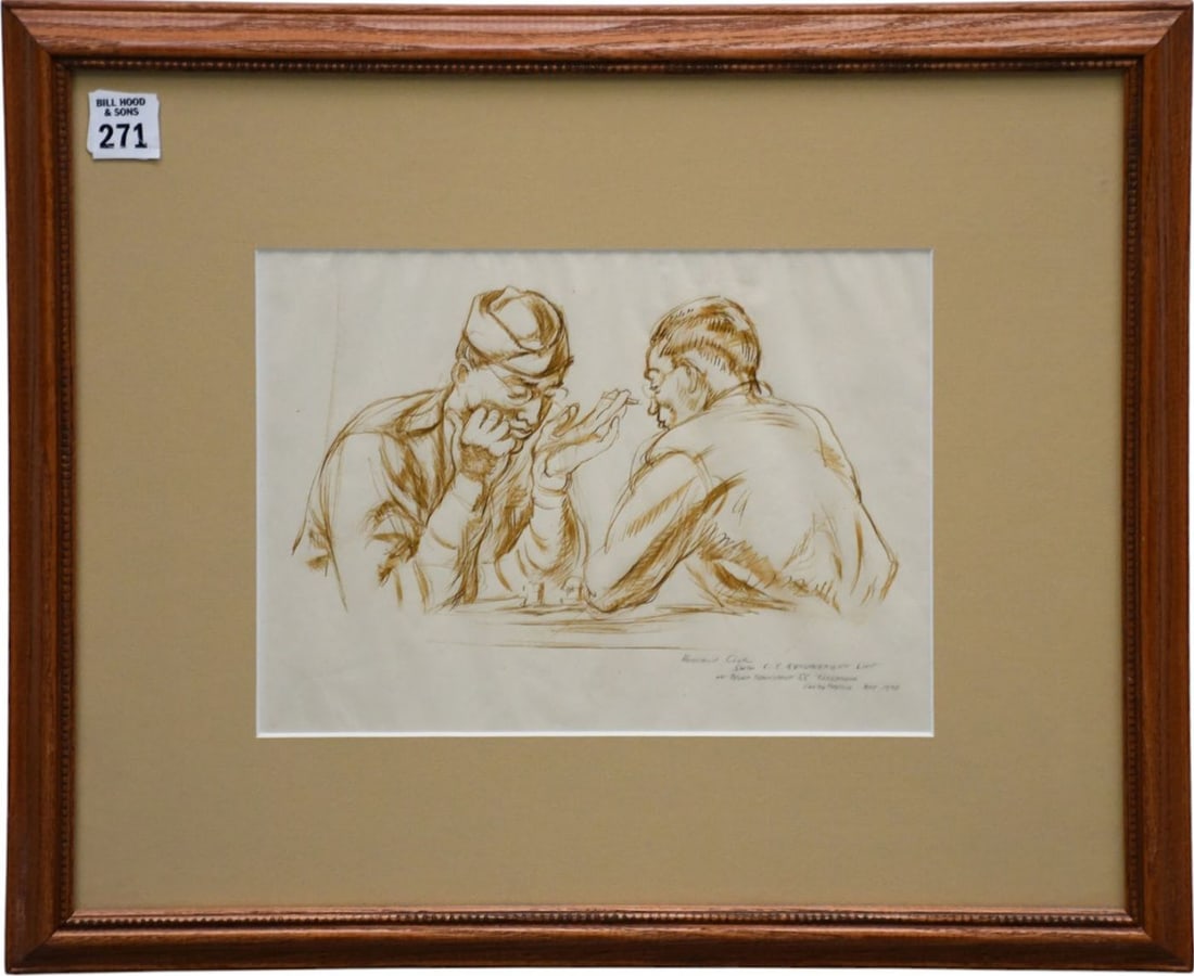 Howard Cook (American, 1901-1980), Men in Military uniforms Playing chess, ink on paper dated 1943: Howard Cook (American, 1901-1980), Men in Military uniforms Playing chess, ink on paper dated 1943 15 1/2 x18 without frame 8 x 9
