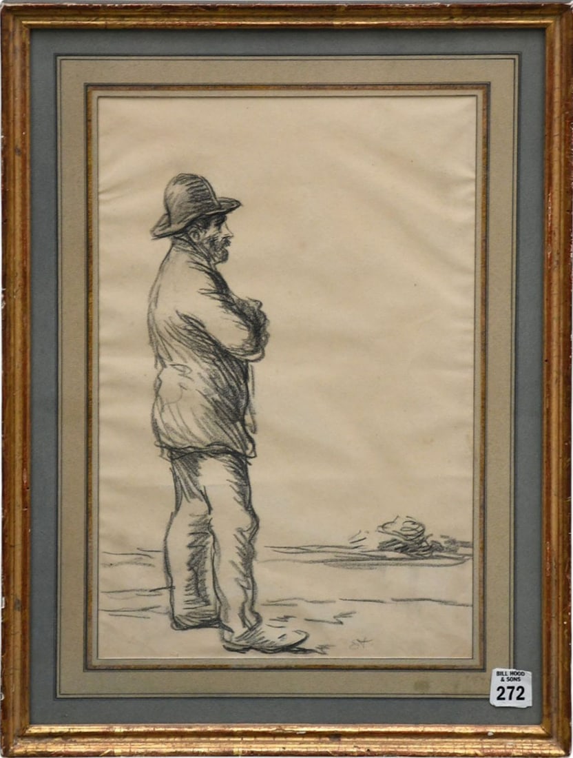 Theophole Steinlen (French 1859-1923) charcoal drawing of man with crossed arms. Framed 20 x 14: Theophole Steinlen (French 1859-1923) charcoal drawing of man with crossed arms. Framed 20 x 14 without 15 x 10 inches.