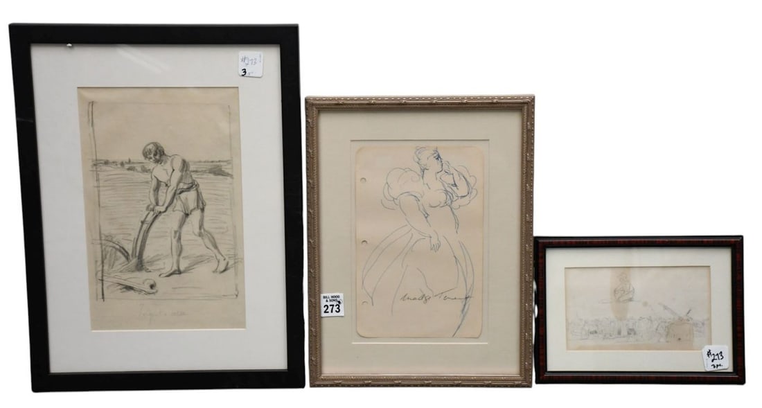 3 Sketch/Drawings sold together: (1) Paul Millet (1844-1918) Pencil Sketch Drawing Man working the (1 of 13)