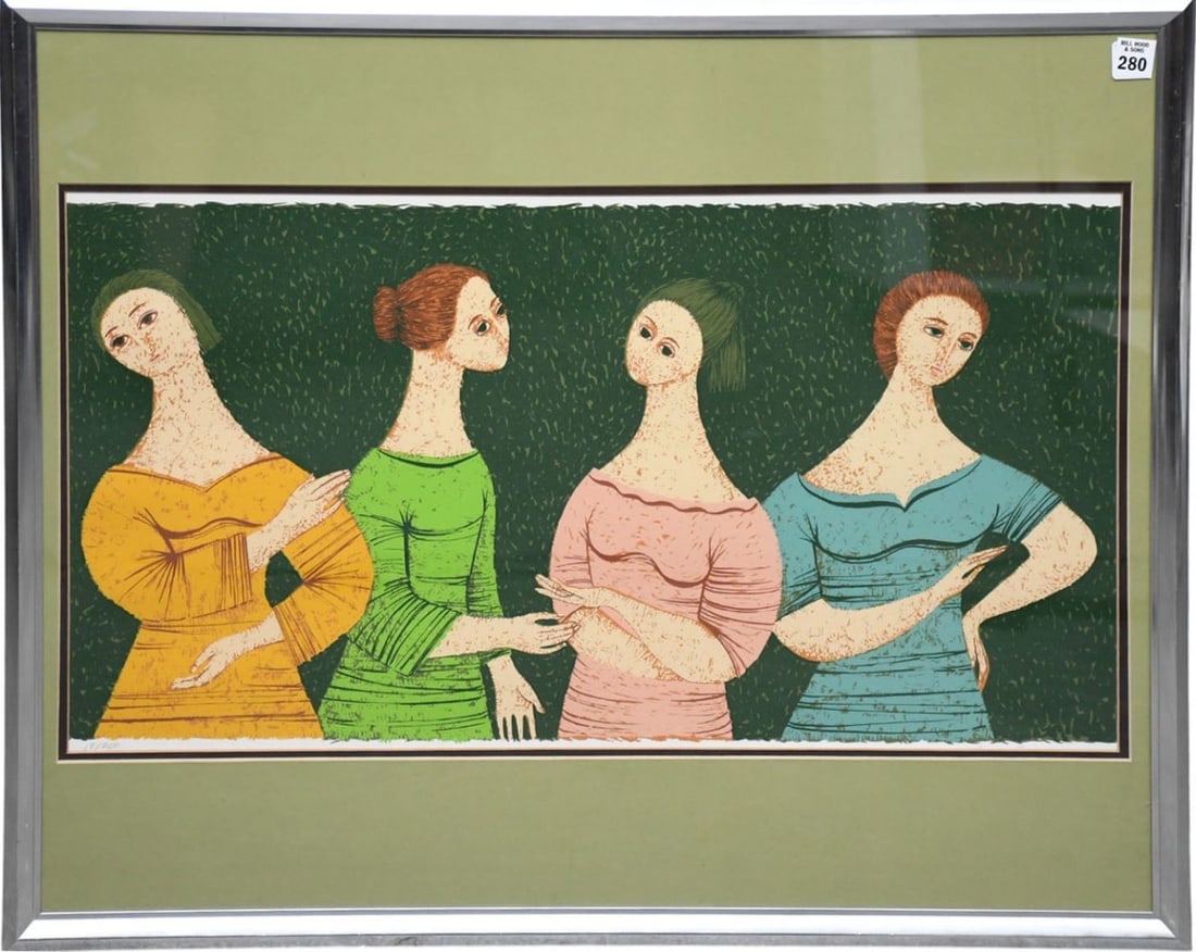 Flavio Cabral (1916–1990) serigraph titled "Sisters. Cabral was a mid-century Californian: Flavio Cabral (1916–1990) serigraph titled "Sisters. Cabral was a mid-century Californian artist this print featuring stylized women with elongated necks against a dark green textured background