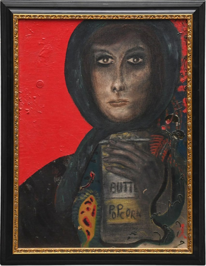 Vintage Painting - Portrait of a woman in a dark headscarf holding a container of "butter popcorn" (1 of 5)