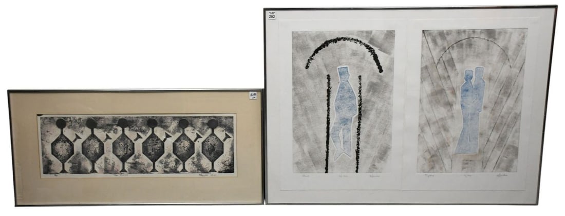 Three figural colored etchings, pencil signed G Saber. Single piece overall 16 x 34 inches. Double (1 of 8)