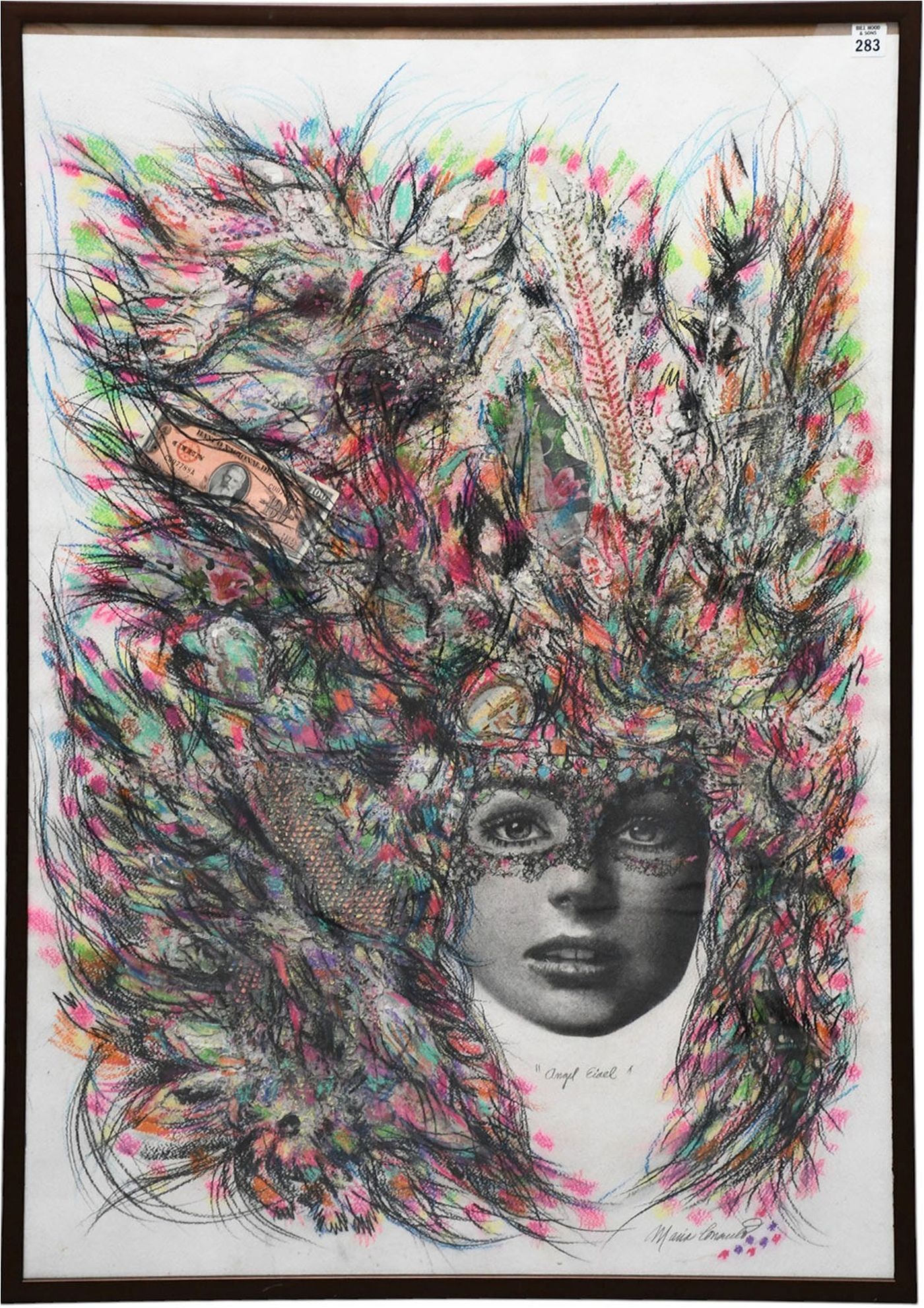 María Consuelo Mendoza (Cuban, b. 1952) mixed media collage depicting woman's face adorned with: María Consuelo Mendoza (Cuban, b. 1952) mixed media collage depicting woman's face adorned with lace & mask, Carnival head Piece. Signed in bottom right corner 41 x 28 inches