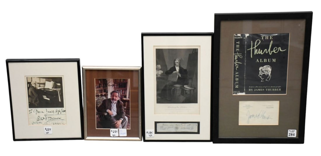 4 Autographs: (1) James Thurber sig on hotel card. 3 x 5 in. Framed 17 x 12 in. (2) signed photo (1 of 8)