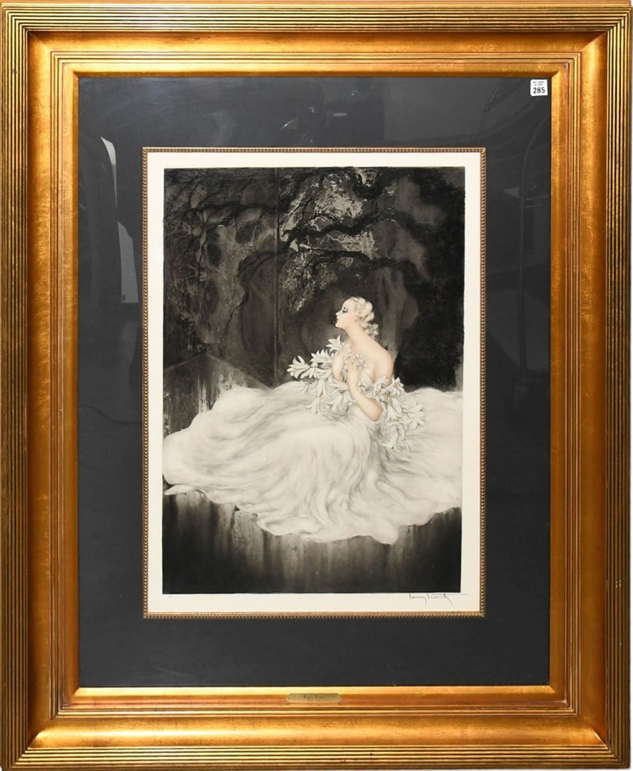 Louis Icart (French, b1888) Lilies-1934. Original dry point etching with hand water coloring on (1 of 10)