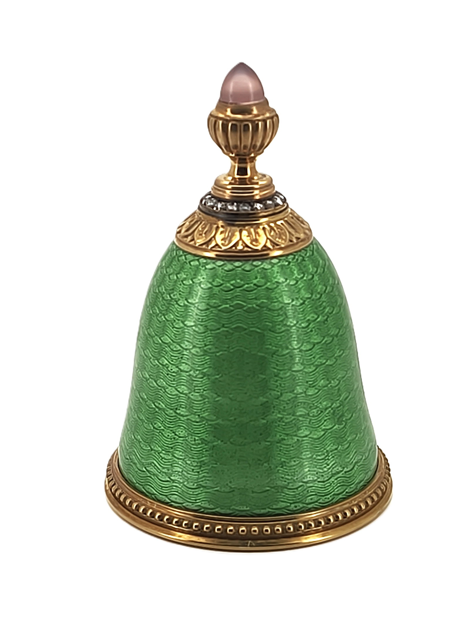 Vintage Imperial Fabergé Era Silver-Gilt Diamond & Guilloche Perfume Bottle. Enamel decorated: Vintage Imperial Fabergé Era Silver-Gilt Diamond & Guilloche Perfume Bottle. Enamel decorated with Rose cut Diamonds and Moonstone Cabochon. Total weight. 58.3 grams. Dimensions. Diameter 40.50 m