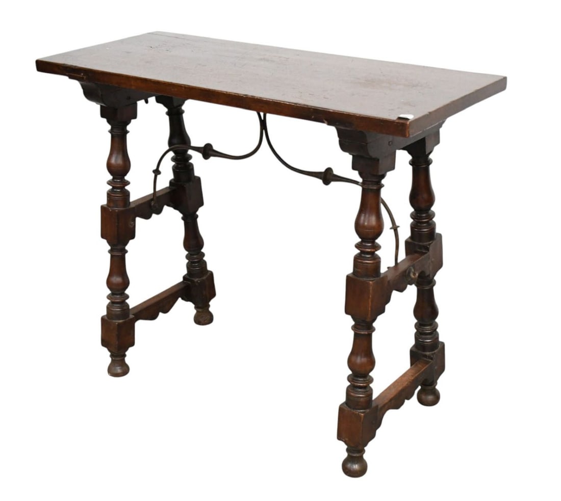 Spanish Style Colonial 19th c. Trestle Table with Iron Stretcher, 33"h x 40"w x 16"d: Spanish Style Colonial 19th c. Trestle Table with Iron Stretcher, 33"h x 40"w x 16"d