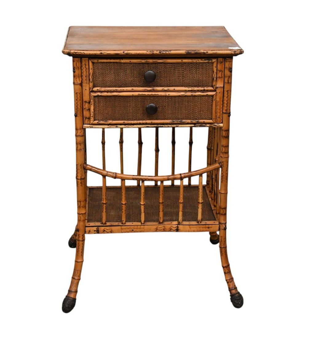 Vintage Bamboo Side Table, English Aesthetic Movement Scorched Bamboo With Two Drawers & Lower: Vintage Bamboo Side Table, English Aesthetic Movement Scorched Bamboo With Two Drawers & Lower Slatted Shelf, 29"h x 18 1/2"w x 14 1/2"d