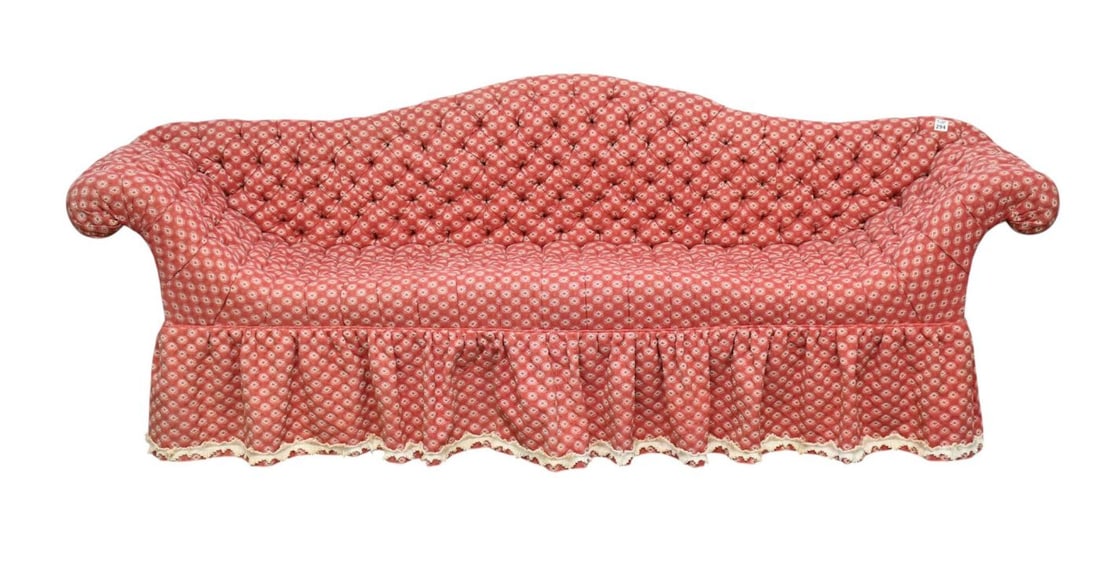 Vintage Child's Camelback Tufted Upholstered Sofa, 27"h x 74"w x 13"d seat: Vintage Child's Camelback Tufted Upholstered Sofa, 27"h x 74"w x 13"d seat