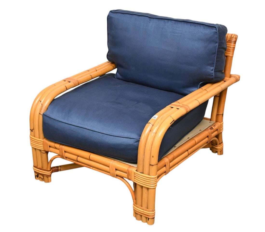 Vintage 3 Strand Rattan Armchair with Blue Upholstered Cushions, 29"h x 33"w x 34"d: Vintage 3 Strand Rattan Armchair with Blue Upholstered Cushions, 29"h x 33"w x 34"d
