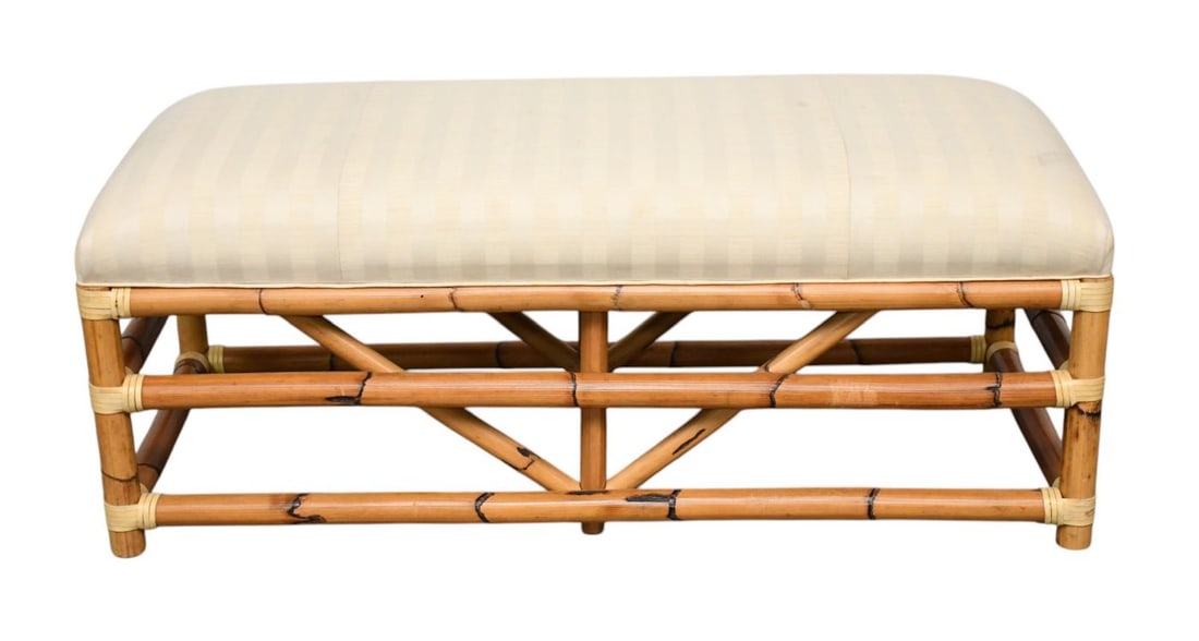 Vintage Rattan Bench, Beige Stripe Upholstery, 17"h x 42"w x 18"d (small stain) (1 of 4)
