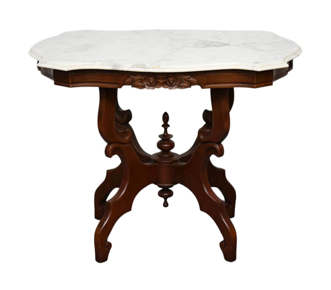 American Victorian Walnut Table With Turtle Form Marble Top, 30"h x 38"w x 26"d (1 of 4)