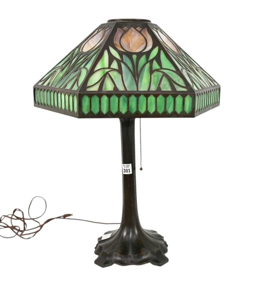 Bronze Lamp Base with Tiffany Style Leaded Art Glass Shade, 24"h x (19"dia Shade) (1 of 6)
