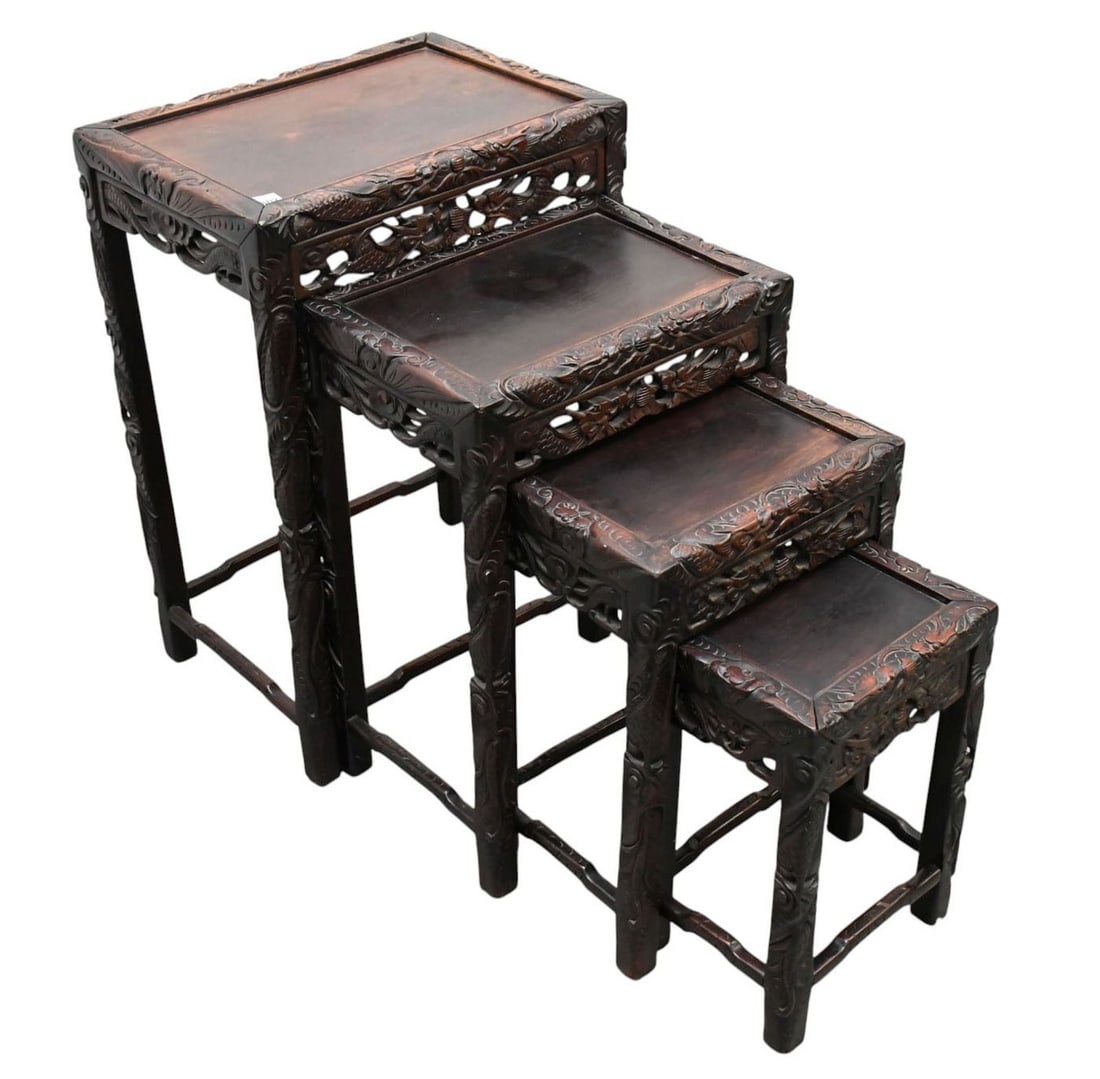 Vintage Carved Chinese Nest of (4) Tables, Tallest 28"h x 19"w x 14"d (1 of 4)