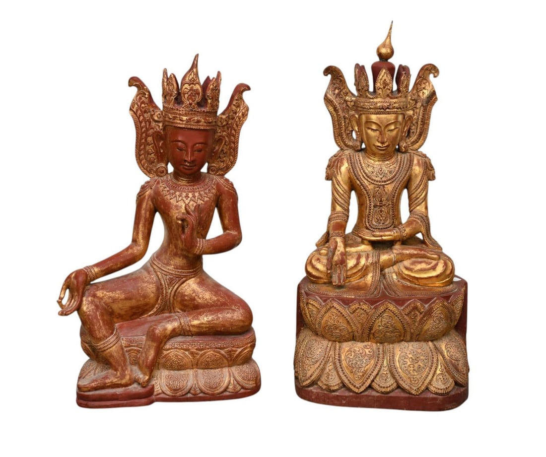 2 Burmese Carved Wooden Seated Buddha Statues with Gilded Accents, Tallest 41"h x 18"w x 14"d (1 of 7)