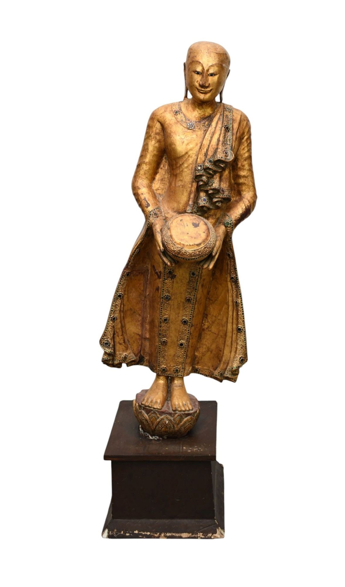 Antique Burmese Style Standing Buddha Statue, Carved Wood & Finished with Decorative Gilt Lacquer: Antique Burmese Style Standing Buddha Statue, Carved Wood & Finished with Decorative Gilt Lacquer Work, Paper Mache type Pedestal Base, 55"h x 17"w x 15"d