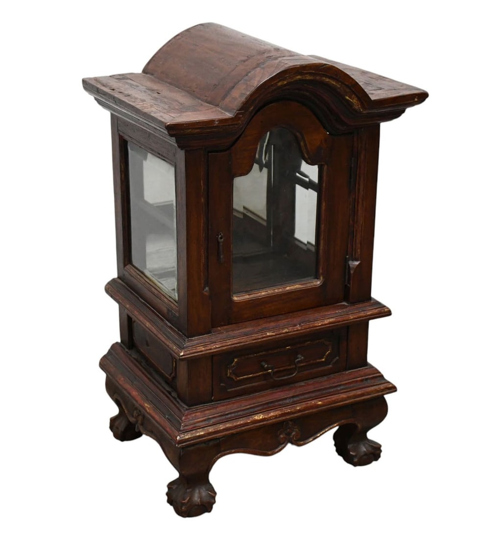 Italian 19th c. Reliquary, Arched Top Over Glass Cabinet with Single Drawer Beneath, 29"h x 19"w x (1 of 8)
