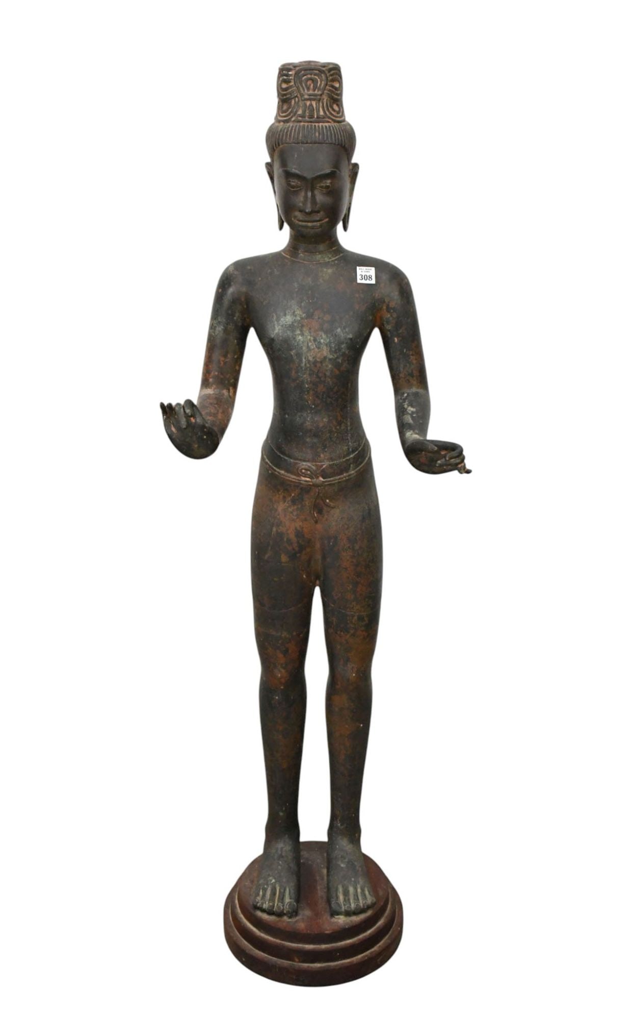Antique Bronze Thai Buddha Sculpture in Sacred Spiritual Pose, Attached to Wood Pedestal Base,: Antique Bronze Thai Buddha Sculpture in Sacred Spiritual Pose, Attached to Wood Pedestal Base, 55"h x 16"w