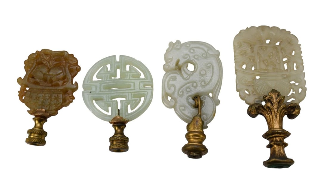 4 Chinese Jade Finials, Assorted Colors/Designs with Gilded Metal Hardware, Largest 4 3/4"h x 2"w (1 of 5)
