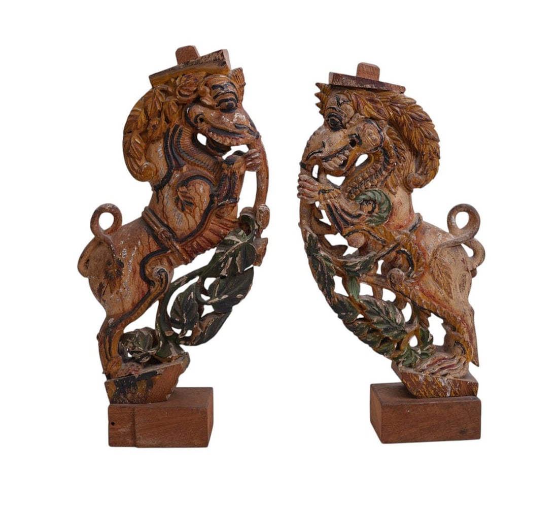 Pair Carved Wood Mythological Rearing Lions with Painted Accents, 18 1/2"h x 4"w x 5 1/2"d (1 of 9)