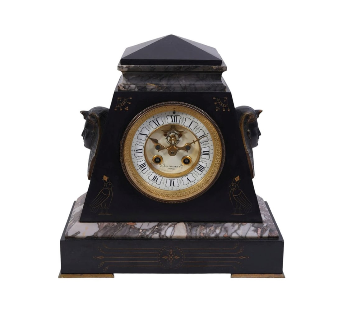 Slate & Marble Mantle Clock, 19th c. with French Works, 12"h x 11 1/2"w x 6"d (1 of 8)