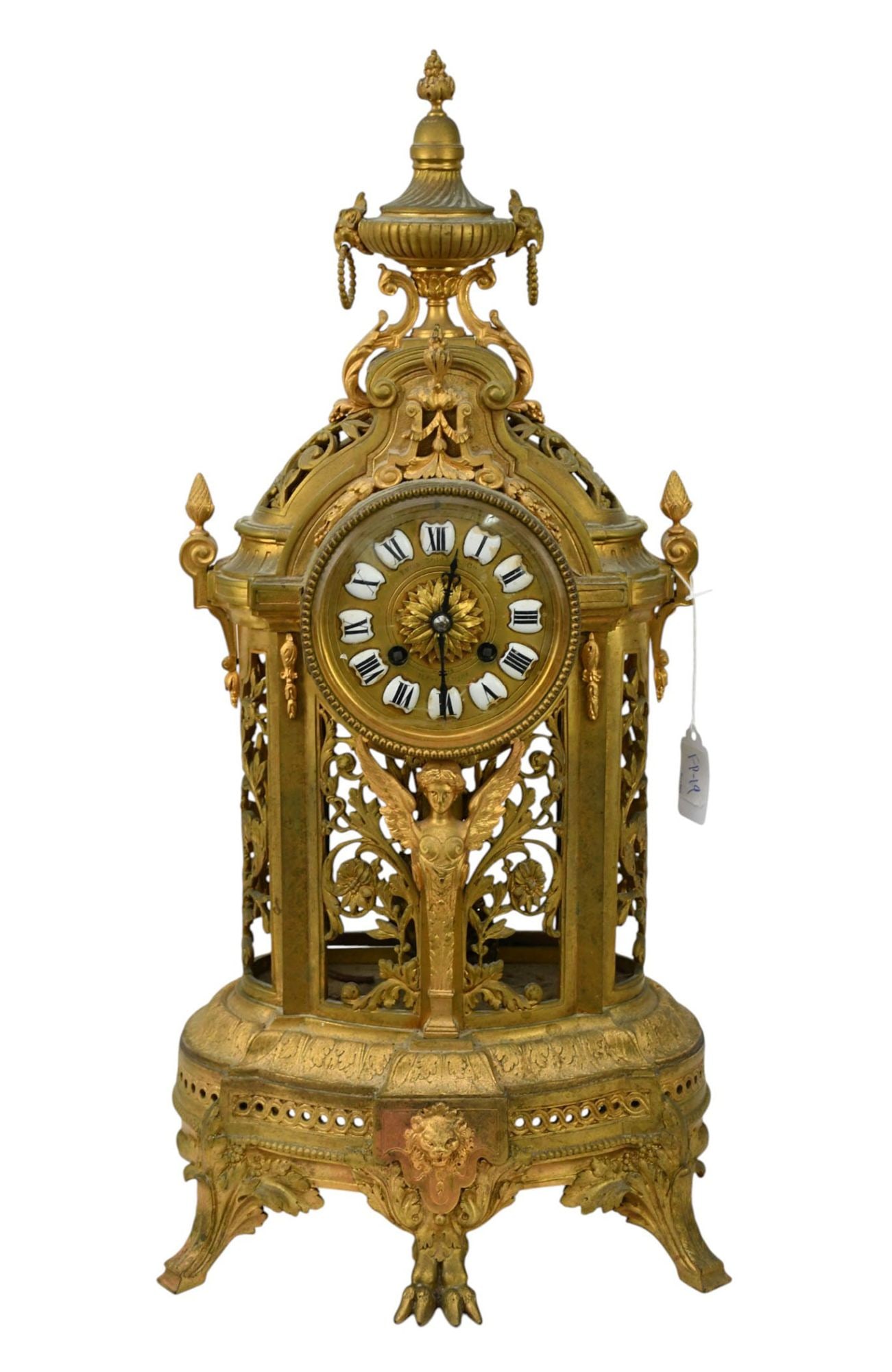 Gilded Bronze 19th c. French Empire Mantle Clock, 21"h x 10"w (finial needs repair) (1 of 14)