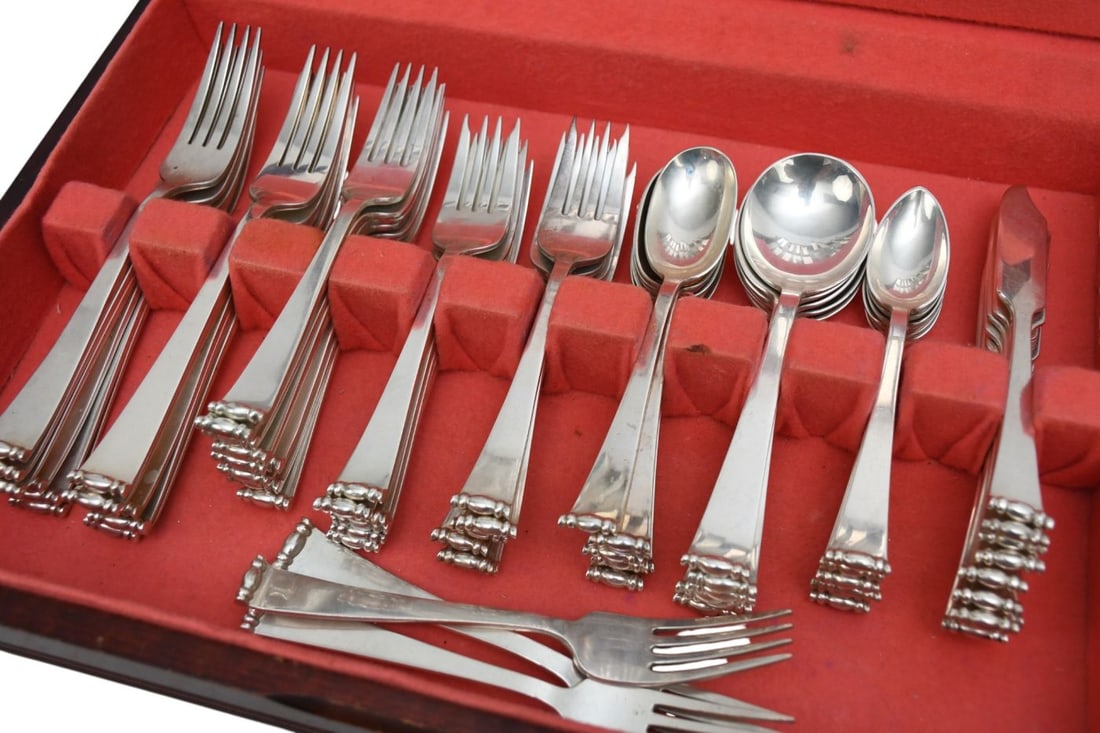 Allan Adler Sterling Silver Flatware Set, Modern Georgian Pattern, incl; 12 Dinner Knives, 12 Dinner - 2