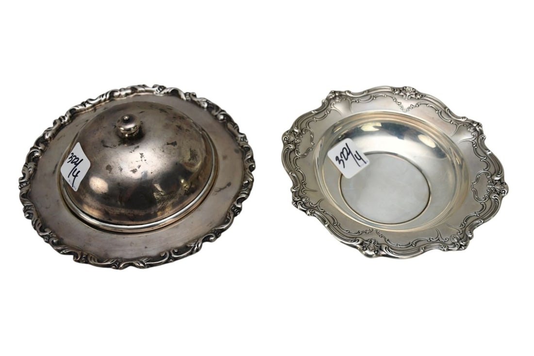 Sterling Silver Lot, incl; Paul Revere Bowl (3 1/2"h x 6 5/8"dia), Butter Dish with Lid, Bowl (1"H: Sterling Silver Lot, incl; Paul Revere Bowl (3 1/2"h x 6 5/8"dia), Butter Dish with Lid, Bowl (1"H x 6"dia) AND "800" Dish (7"dia) 32 ozt.