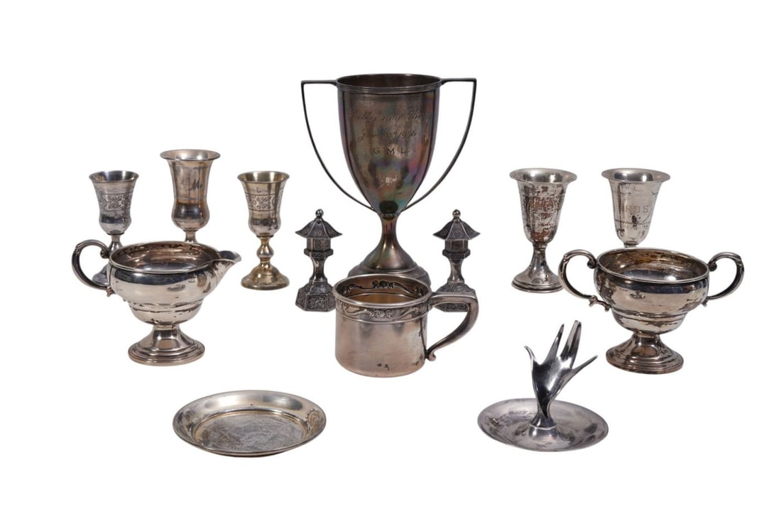 Sterling Silver Lot, incl; Tiffany & Co. Hand-Form Ring Holder, Trophy Cup with Monogram (7"h x (1 of 16)