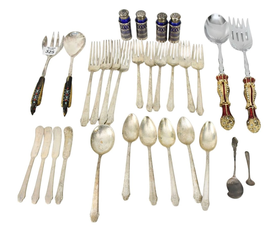 Lot of Tablewares, Stainless Salad Set with Horn Handles, Salad Set with Jeweled/Enamel Handles, 4 (1 of 4)