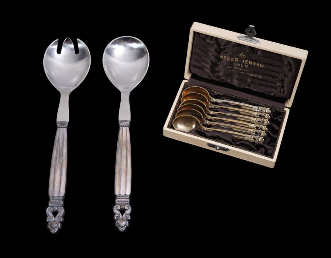 Georg Jensen Sterling Silver Lot, Salad Set with Sterling Handles (9 1/4"L) AND 6 Demitasse Sterling: Georg Jensen Sterling Silver Lot, Salad Set with Sterling Handles (9 1/4"L) AND 6 Demitasse Sterling Spoons, 2 ozt.