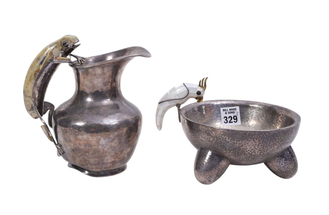 Los Castillo Taxco Mexican Silverplate Pcs. Pitcher with Stone Lizard Handle (as is stone & dent): Los Castillo Taxco Mexican Silverplate Pcs. Pitcher with Stone Lizard Handle (as is stone & dent) AND Hammered Bowl (3:h x 5 3/4"dia)