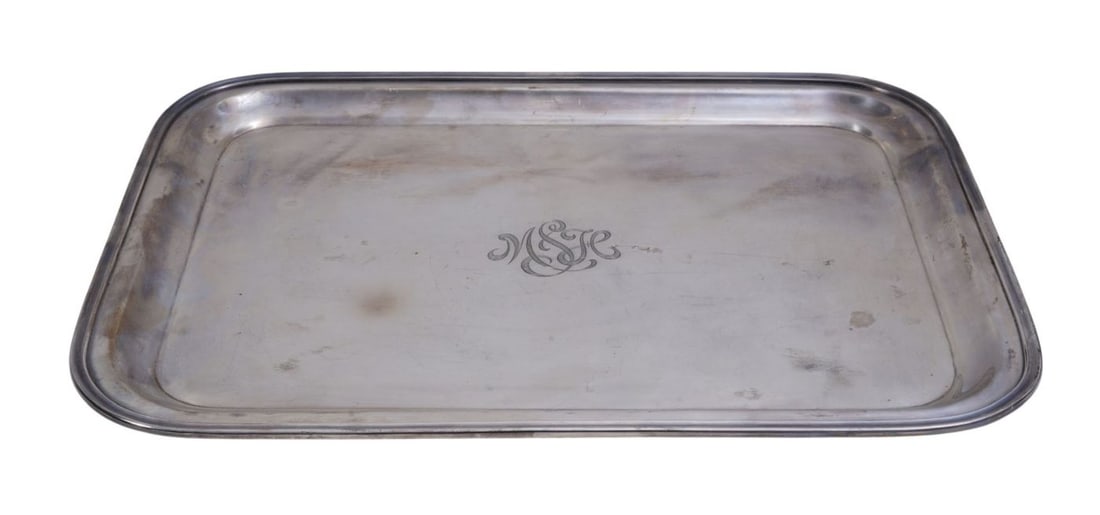 Sterling Silver Tray with Classical Raised Edge Design, Center Monogram, 38 Ozt. 16 1/8" x 11 1/2" (1 of 7)