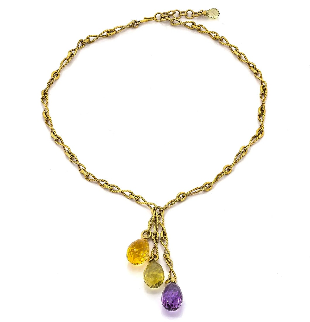 Russian 14k gold Faberge Style Necklace, featuring a delicate rope twist chain suspending three: Russian 14k gold Faberge Style Necklace, featuring a delicate rope twist chain suspending three briolette drops of citrine, amethyst, and topaz at staggering lengths. Total weight: 25.86g (16.63 dwt) 