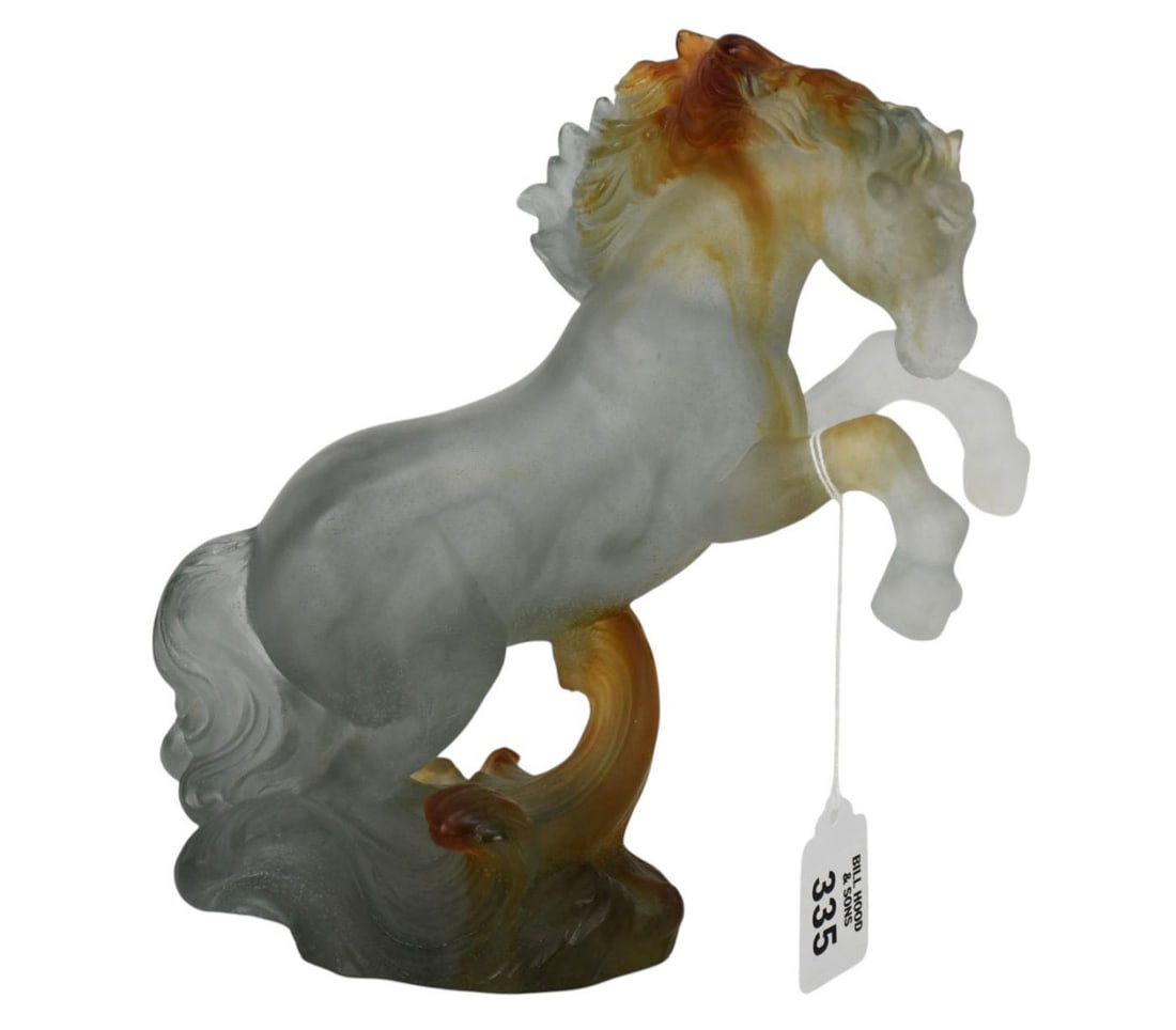 Daum France Pate De Verre Glass Rearing Horse Sculpture, "Cheval De Marly", Frosted Ocean Blue &: Daum France Pate De Verre Glass Rearing Horse Sculpture, "Cheval De Marly", Frosted Ocean Blue & Fiery Amber Tones, 8 1/2"h x 9"w