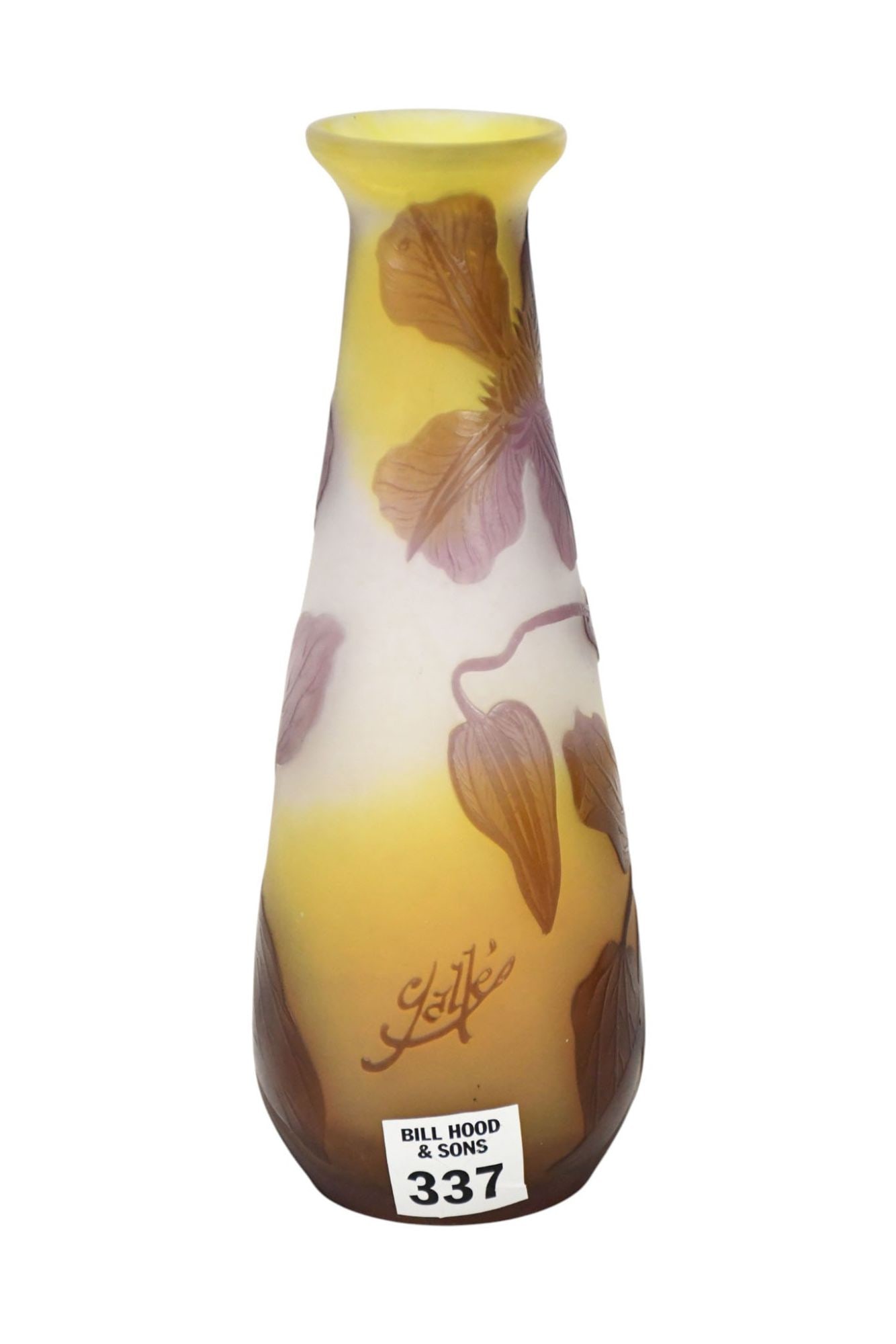 Galle Signed Art Nouveau Cameo Glass Vase, Acid-Etched Purple Floral Overlay on Frosted Yellow to: Galle Signed Art Nouveau Cameo Glass Vase, Acid-Etched Purple Floral Overlay on Frosted Yellow to White Background, 8"h x 3 1/2"w