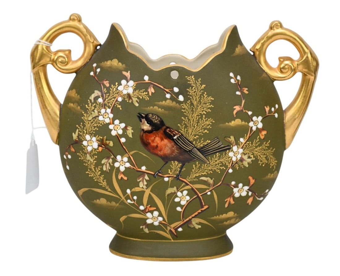 Antique Porcelain Vase (German Stamp with Black Crown & Monogram) with Double Handles Featuring: Antique Porcelain Vase (German Stamp with Black Crown & Monogram) with Double Handles Featuring Robin Perched Amidst White Cherry Blossoms Against Matte Olive Green Back Drop, 7"h x 9"w
