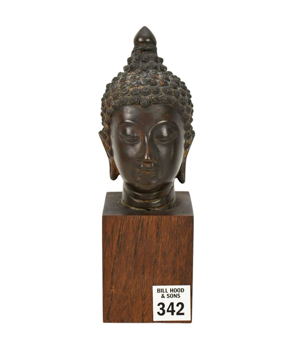 Thai Style Small Bronze Buddha Head Sculpture on Wood Base, 7 1/2"h x 2 1/2"square Base (1 of 6)
