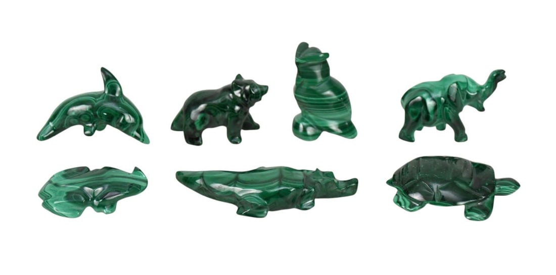 7 Assorted Malachite Animals, Owl (1 3/4"h), Alligator (3 1/2"L) (1 of 3)