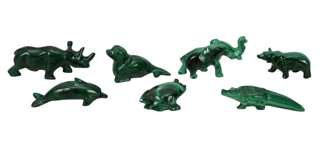 7 Assorted Malachite Animals, Elephant (2"h x 3"w), Rhino (1 1/2"h x 3 1/2"w) (1 of 3)