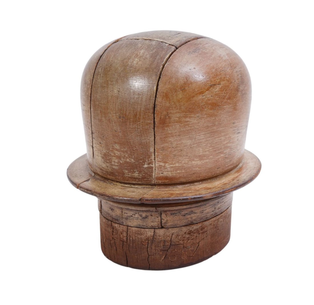 Wooden Millinery Hat Block, 1890 - 1920's with a Sectional Puzzle Crown and a Wide Rounded Brim (1 of 7)