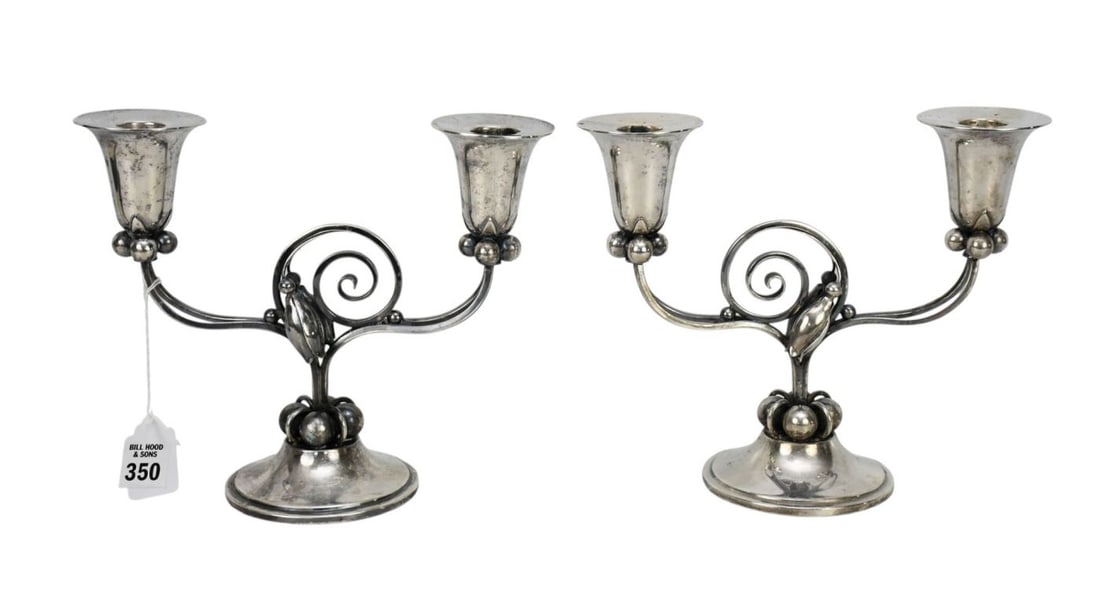 Pair Sterling Mid Century Modern Double Branch Candelabras with Scrolling & Beading, 8"h x 9 12"w: Pair Sterling Mid Century Modern Double Branch Candelabras with Scrolling & Beading, 8"h x 9 12"w