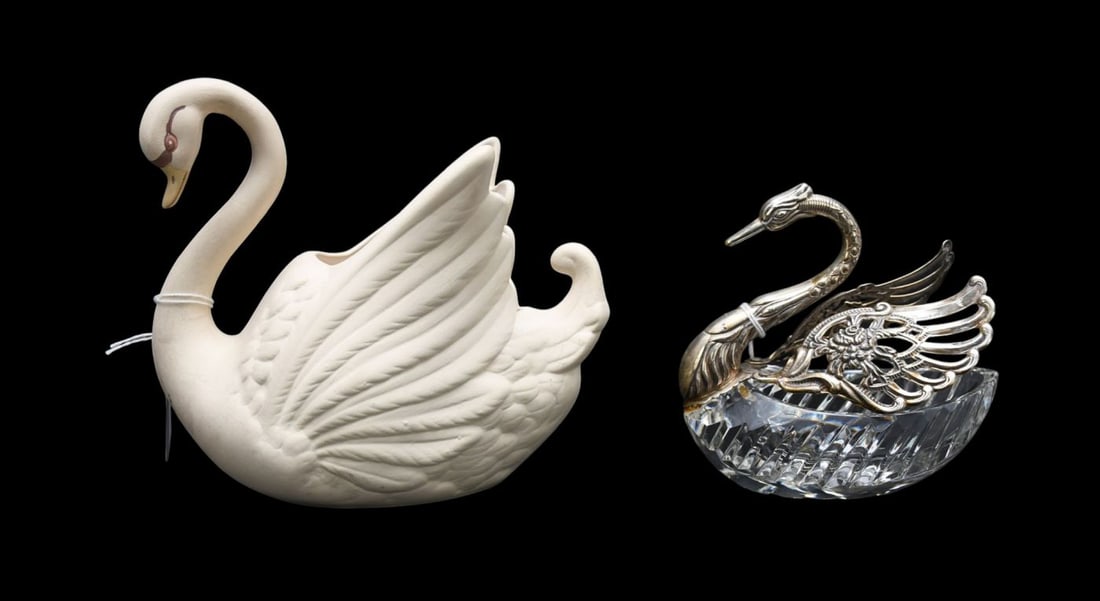 2 Swans, One Porcelain Planter Handcrafted by Valbet of Hyde Park AND Crystal & Sterling Salt Cellar (1 of 7)